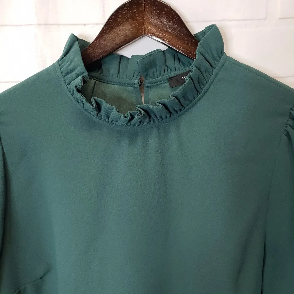J. Crew Ruffle Mock Neck Blouse Medium M Forest Green Long Sleeve